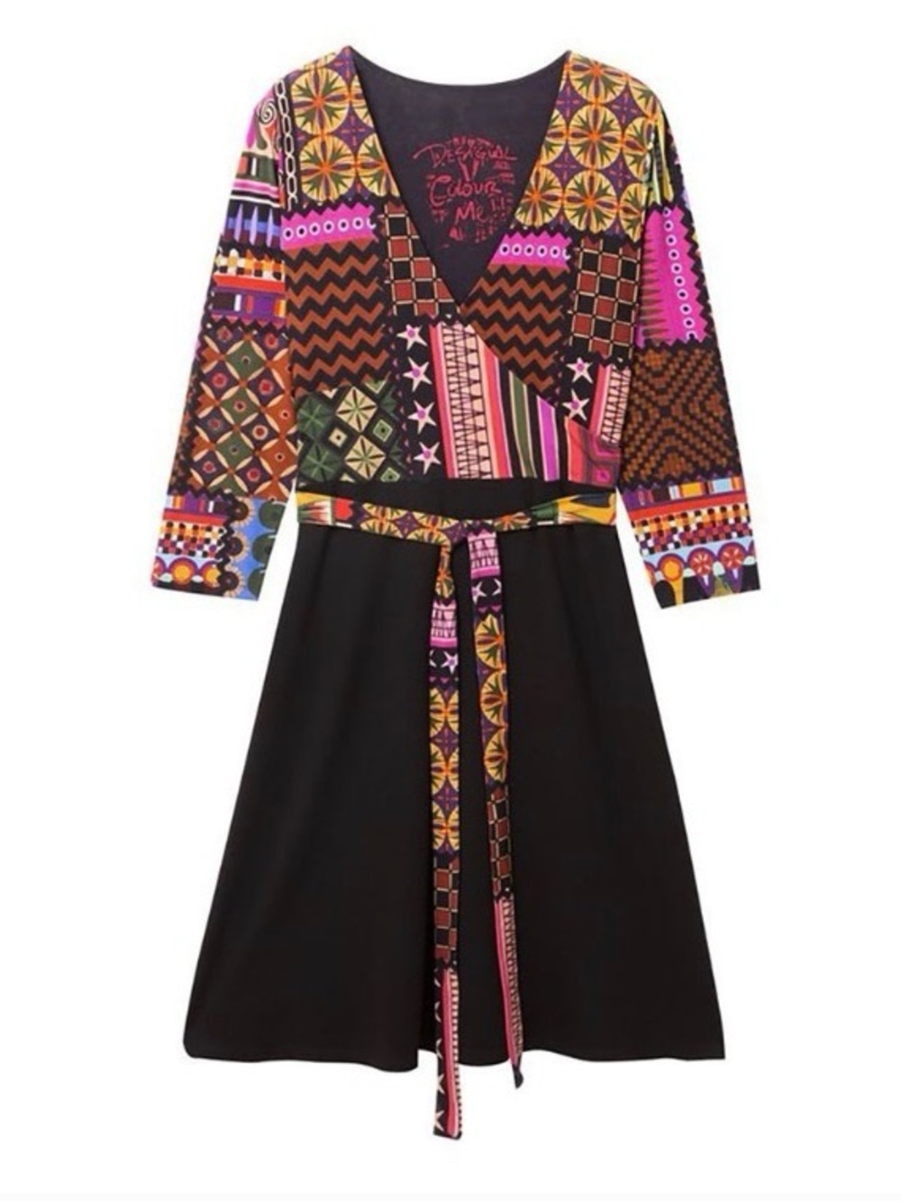 DESIGUAL Faux Wrap Dress XL Black Multicolor Abstract Print Stretch EUC - Picture 2 of 10